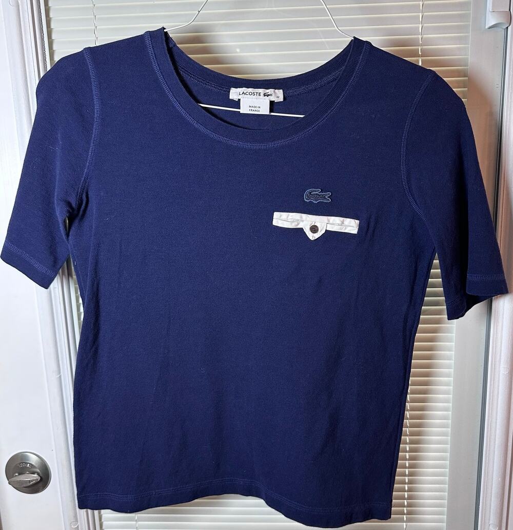 VTG LACOSTE Women's XXS/32 Scoop Neck Shirt -Made in France- Rare Pocket Design